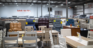 Furniture for sale in a warehouse